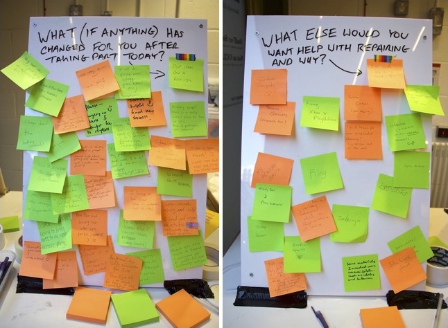 Two evaluation boards full of colourful post its with feedback written on them